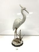 WHITE PORCELAIN FIGURE OF A CRANE BIRD, WITH GILT METAL LEGS, 64CMS