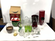 IRENA POLAND CUT GLASS BISCUIT BARRELL, RUBY CUT GLASS VASE, GREEN VASE IN THE FORM OF A BAG,