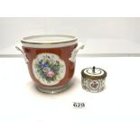 EARLY 20TH CENTURY PORCELAIN CACHE POT MADE IN PORTUGAL, 16 X 16CMS AND A SMALL PORCELAIN POT AND