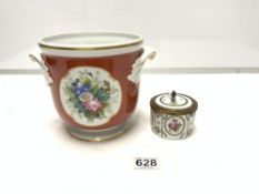 EARLY 20TH CENTURY PORCELAIN CACHE POT MADE IN PORTUGAL, 16 X 16CMS AND A SMALL PORCELAIN POT AND