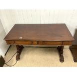 WILLIAM IV MAHOGANY STRETCHER SIDE TABLE ON END SUPPORTS, TURNED STRETCHER SUPPORTS AND 2 DRAWERS,