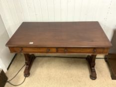 WILLIAM IV MAHOGANY STRETCHER SIDE TABLE ON END SUPPORTS, TURNED STRETCHER SUPPORTS AND 2 DRAWERS,