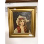 LATE 19TH CENTURY OIL PORTRAIT OF A YOUNG WOMAN WEARING HEAD SCARF AND HAT, IN GILT FRAME, 24 X