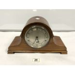 WALNUT CASED DOME TOP MANTEL CLOCK WITH WESTMINSTER CHIMING MOVEMENT AND SILVERED DIAL, 42CMS