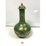 ANTIQUE CHINESE GREEN AND GOLD PAINTED LIDDED BOTTLE VASE (A/F), 48CMS