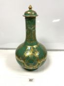 ANTIQUE CHINESE GREEN AND GOLD PAINTED LIDDED BOTTLE VASE (A/F), 48CMS