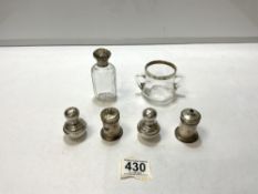 HALLMARKED SILVER SALT AND PEPPER, SCENT BOTTLE WITH HALLMARKED SILVER TOP, TWO HANDLE GLASS CUP