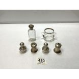 HALLMARKED SILVER SALT AND PEPPER, SCENT BOTTLE WITH HALLMARKED SILVER TOP, TWO HANDLE GLASS CUP