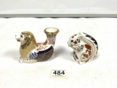 ROYAL CROWN DERBY GOLD BUTTON SQUIRREL, AND A LION CANDLE HOLDER