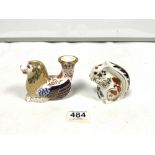 ROYAL CROWN DERBY GOLD BUTTON SQUIRREL, AND A LION CANDLE HOLDER