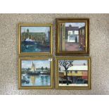 SET OF FOUR OIL PAINTINGS ON BOARD, DEPICTING DOCKYARD, HOUSES, AND BOATS SIGNED L FAVELL, 25 X 28.