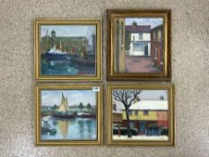 SET OF FOUR OIL PAINTINGS ON BOARD, DEPICTING DOCKYARD, HOUSES, AND BOATS SIGNED L FAVELL, 25 X 28.