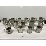 QUANTITY OF PEWTER TANKARDS, ONE WITH SKELETON HANDLE VINERS AND MORE