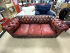 BUTTONED RED LEATHER THREE-SEATER CHESTERFIELD (A/F), 200 X 90CMS