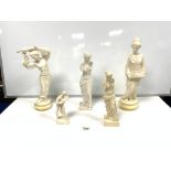 TWO RESIN FIGURES OF GEISHAS, THE TALLEST 43CMS. A RESIN FIGURE OF A CLASSICAL LADY AND LOVERS AND