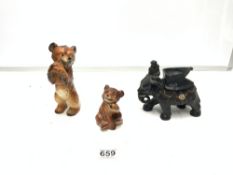TWO PORCELAIN FIGURES OF BEARS AND AN ELEPHANT PIPE HOLDER