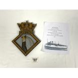 A AUOY METAL TRIANGULAR COAT OF ARMS FOR HMS CORNFLOWER, ARABIS CLASS MINESWEEPER, 18 X 22CMS