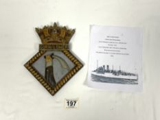 A AUOY METAL TRIANGULAR COAT OF ARMS FOR HMS CORNFLOWER, ARABIS CLASS MINESWEEPER, 18 X 22CMS