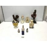 THREE PORCELAIN PIN CUSHION DOLLS, AN IRON COCKEREL DOOR STOP, A PORCELAIN FIGURE OF A DECO LADY,