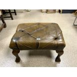 BUTTON BROWN LEATHER FOOT STOOL ON BALL AND CLAW FEET