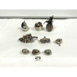 NINE WHITE METAL FRUIT AND NUT ORNAMENTS SEVEN BEARING 925 MARKS