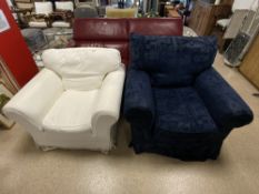 TWO LARGE UPHOLSTERED ARM CHAIRS IN BLUE AND WHITE COVERS