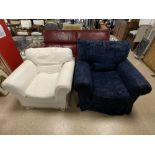 TWO LARGE UPHOLSTERED ARM CHAIRS IN BLUE AND WHITE COVERS