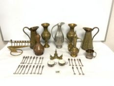 PAIR BRASS WATER JUGS, EASTERN BRASS VASE, A QUANTITY OF CHINESE SPOONS AND OTHER METALWARE