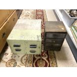 VINTAGE PAINTED INDEX DRAWERS, 40 X 50 X 28CMS, AND A SMALL ELEY AMMUNITION CHEST