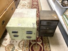 VINTAGE PAINTED INDEX DRAWERS, 40 X 50 X 28CMS, AND A SMALL ELEY AMMUNITION CHEST