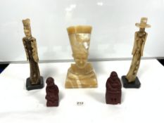 ALABASTER BUST OF NEFERTITI, 32CMS, A PAIR OF CARVED FIGURES, AND TWO RED PLASTER FIGURE