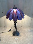 ART NOUVEAU STYLE NAKED LADY TABLE LAMP, WITH AGATE STYLE SCALLOP SHADE, 60CMS