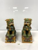 A PAIR OF 20TH CENTURY CHINESE GLAZED DOGS OF FOO GARDEN ORNAMENTS, 38CMS