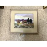 FRAMED HAND-SEWN COLLAGE OF 'OAST HOUSES IN KENT' BY OLIVE HEATON CLARKE, 31.5 X 24.5CMS