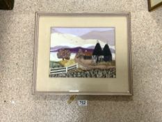 FRAMED HAND-SEWN COLLAGE OF 'OAST HOUSES IN KENT' BY OLIVE HEATON CLARKE, 31.5 X 24.5CMS