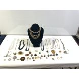 QUANTITY MIXED COSTUME JEWELLERY INCLUDES, AMBERBROOCH, CUFFLINKS, FAUX PEARL NECKLACES ETC