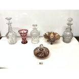 THREE GLASS DECANTERS, RUBY OVERLAY GLASS VASE, WITH JAR AND COVER, A CARNIVAL GLASS BOWL