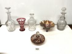 THREE GLASS DECANTERS, RUBY OVERLAY GLASS VASE, WITH JAR AND COVER, A CARNIVAL GLASS BOWL