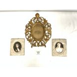 VICTORIAN GILT METAL ACANTHUS MOULDED OVAL FRAME 12 X 9CMS, AND TWO SIMULATED IVORY FRAMED OVAL