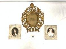 VICTORIAN GILT METAL ACANTHUS MOULDED OVAL FRAME 12 X 9CMS, AND TWO SIMULATED IVORY FRAMED OVAL
