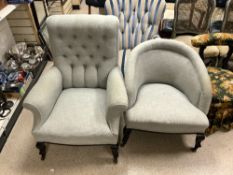 BUTTON BACK ARMCHAIR WITH A TUB CHAIR MATCHING GREY MATERIAL AND BOTH WITH ORIGINAL CASTORS