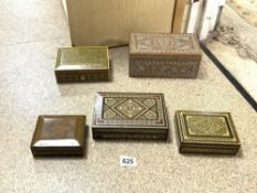 FOUR INLAID TRINKET BOXES AND A CARVED BOX