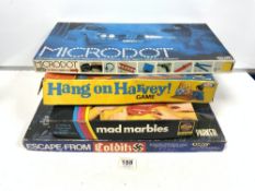 FOUR VINTAGE GAMES - COLDITZ BY PARKER AND MORODOT BY PARKER, HANG ON HARVEY BY IDEAL AND MAD MARBLE