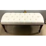 VICTORIAN STYLE WHITE BUTTONED WINDOW SEAT, WITH FLUTED MAHOGANY LEGS ON CERAMIC CASTORS, 120 X