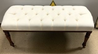 VICTORIAN STYLE WHITE BUTTONED WINDOW SEAT, WITH FLUTED MAHOGANY LEGS ON CERAMIC CASTORS, 120 X