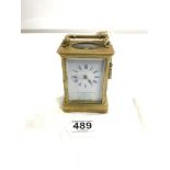 BRASS CARRIAGE CLOCK - THE SUSSEX GOLDSMITHS CO BRIGHTON, 11CMS WITH KEY