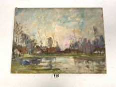 A. R JAMAR - UNFRAMED OIL ON CANVAS OF A RIVER LANDSCAPE WITH HOUSES, SIGNED AND DATED 1918 - 50 X