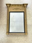 REGENCY STYLE 1930'S GILT CHIMNEY MIRROR WITH COLUMN AND MOULDED DETAILING, 56 X 76CMS