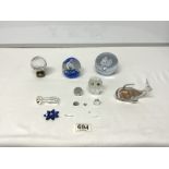 SWAROVSKI CRYSTAL OWL (A/F), TWO GLASS PAPERWEIGHTS ETC (A/F)