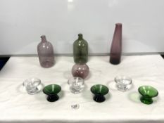 ITTALA 3 GLASS VASES BY TIMO SARPANEVA, THE TALLEST 26CMS AND A SET OF SIX ITTALA GLASS BALL